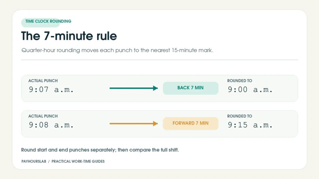 A 9:07 a.m. punch rounds to 9:00, while 9:08 a.m. rounds to 9:15 under quarter-hour rounding.